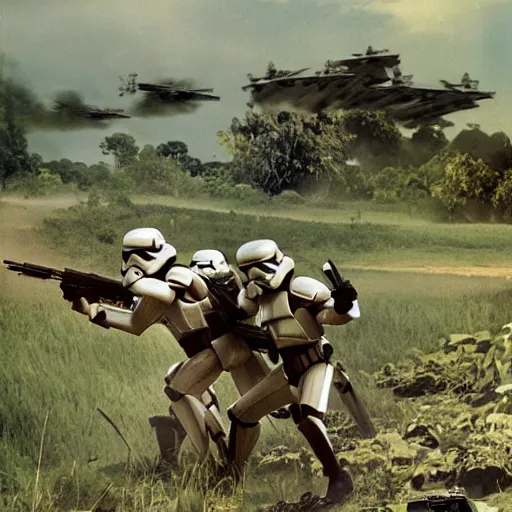 Image similar to star wars clone troopers combat soldiers in vietnam, photo, old picture, lush landscape, jungle, firearms, explosions, helicopters, aerial combat, active battle zone, flamethrower, air support, jedi, land mines, gunfire, violent, star destroyers, star wars lasers, sci - fi, jetpacks, agent orange, bomber planes, smoke, trench warfare