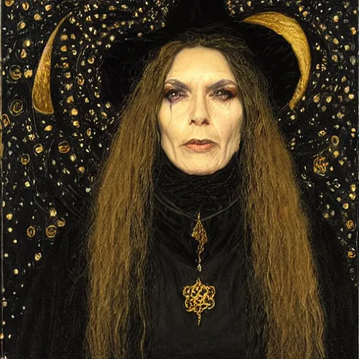 Prompt: portrait of a witch, dressed in black clothes embroidered with gold, by donato giancola and berthold woltze.