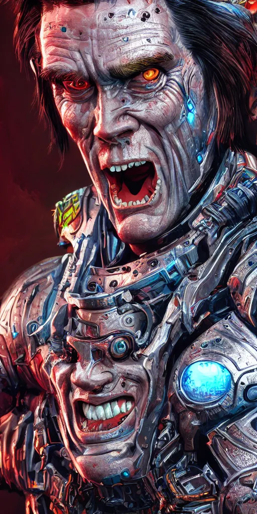 Prompt: Jim Carrey cyborg warrior, insane, intricate, highly detailed, digital painting, artstation, concept art, smooth, sharp focus, illustration, Unreal Engine 5, 8K