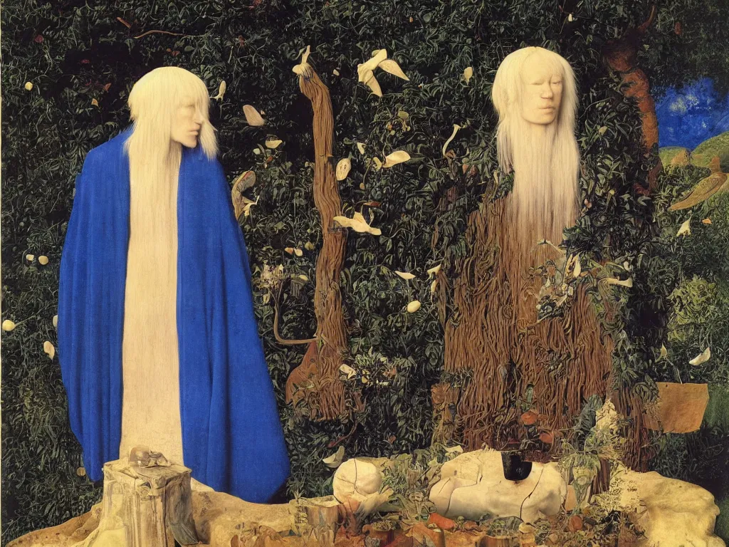 Image similar to Portrait of albino mystic with blue eyes, with sculpture by Henri Moore. Night with fireflies. Painting by Jan van Eyck, Audubon, Rene Magritte, Agnes Pelton, Max Ernst, Walton Ford