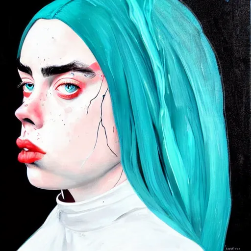 Prompt: Billie Eilish as a sad nun, painted by Conrad Roset, detailed brushstrokes