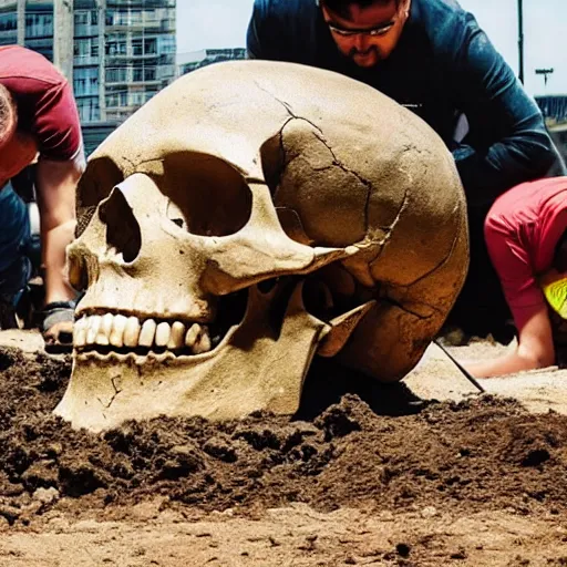 Image similar to photo of a giant skull being excavated in the middle of the city while the media gathers around it, trending on facebook, high definition, cinematic, 8 k