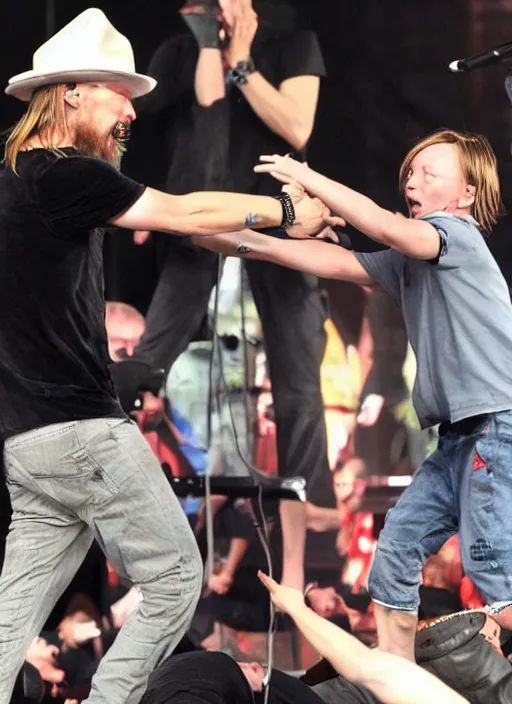 Image similar to thom yorke punching kid rock so hard his head flies off, photographic, ultra hd,