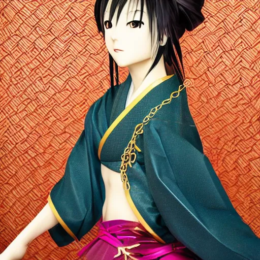 Prompt: Harsune Miku anime female goddess stands for a waist up portrait with her body sightly wrapped in thin gold wire creatively arranged so as to look like Emoji tattoos, in an empty japanese tatami home, hyper photo realistic 8K HD HDRI, photo by Annie Leibovitz.