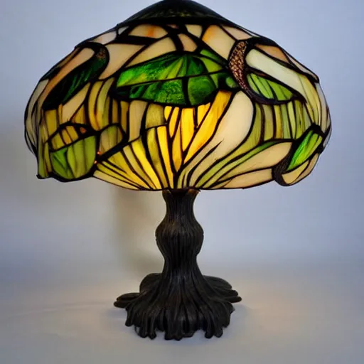 Image similar to beautifully detailed victorian art nouveau mushroom shaped tiffany lampshade, river reeds duckweeds close up abstract mallard feathers rubber leaves foliage, mucha tiffany kilian eng