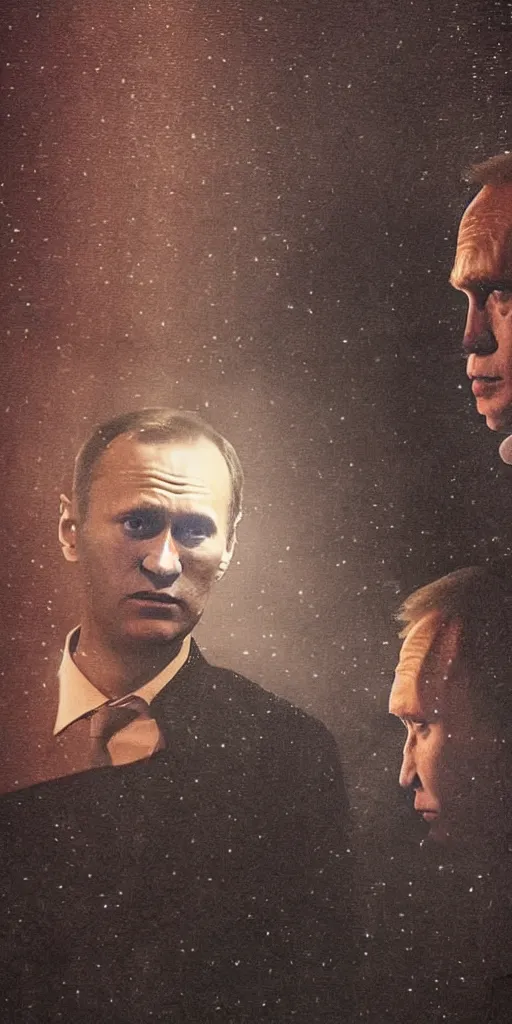 Prompt: alexei navalny with vladimir putin together, dark gloomy church, midnight, moon, horror, thunder sky, rain, sadness, depression, fog, darkness