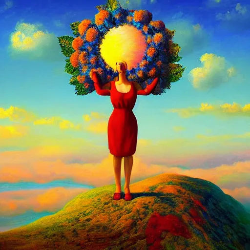 Prompt: giant flower head, frontal, woman standing on mountain, surreal photography, sunrise, colorful clouds, impressionist painting, digital painting, artstation, rob gonsalves