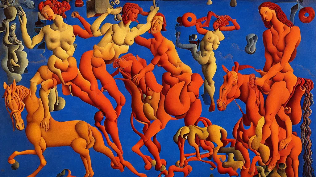 Prompt: the three fates, red bodied devils and blue horses, Greek antiquity | pain, pleasure, suffering, adventure, love, life, afterlife, souls in joy and agony | abstract oil painting, gouche on paper by MC Escher and Salvador Dali and raqib shaw |