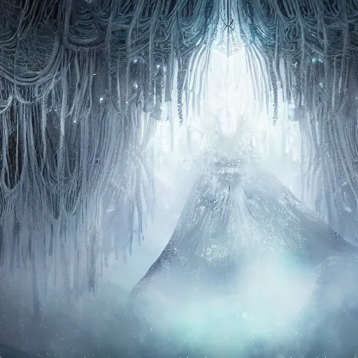 Prompt: under an white intricate like jewels epic forest suspended in the air upside down, a white pool with intricate epic circles of water within which float phantasmagoric biorobotic humanoids, dressed in intricate veils and jewels, epic environment, matte painting, diffused lighting, highly detailed, cinematic, epic atmosphere, digital art, trending on artstation, wide angle