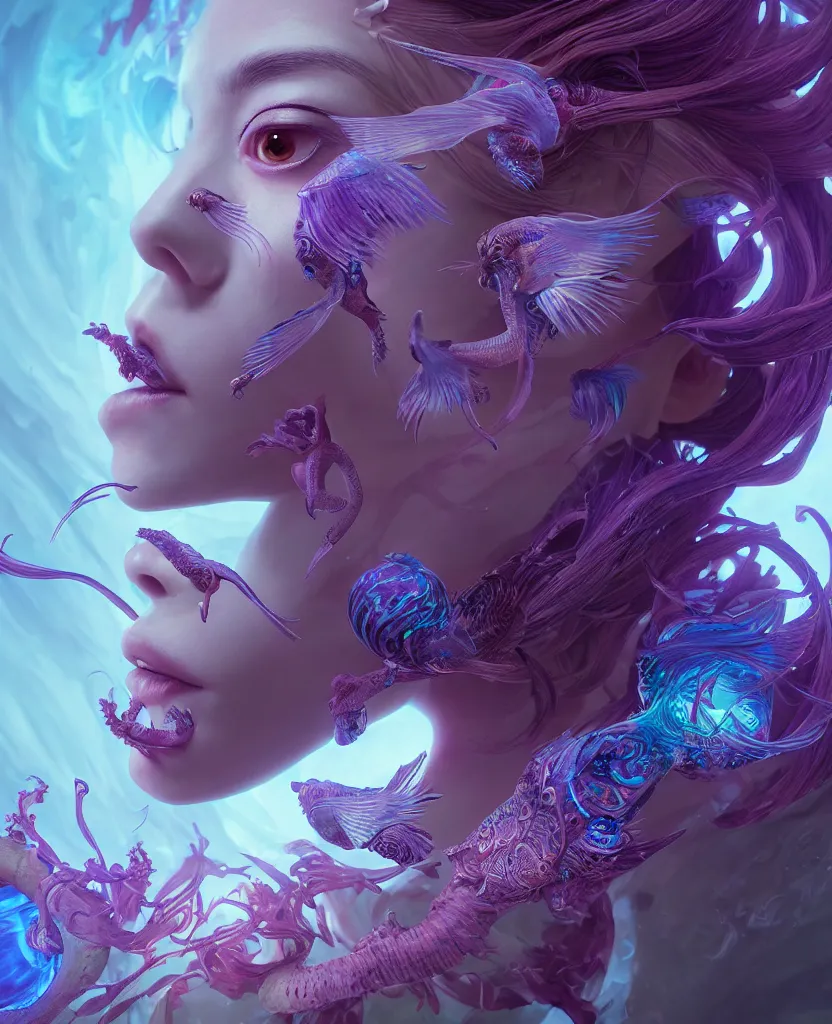 Image similar to goddess close-up portrait. orchid bird phoenix head, nautilus, skull, betta fish, bioluminiscent creatures, intricate artwork by Tooth Wu and wlop and beeple. octane render, trending on artstation, greg rutkowski very coherent symmetrical artwork. cinematic, hyper realism, high detail, octane render, 8k