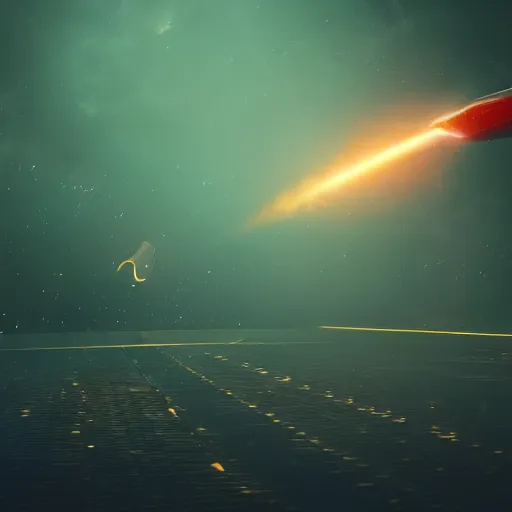 Image similar to rocket ship in space running into a comet, photo realistic, 8k, artstation, Blade runner, neon signs in the distance, dark, cinematic, high contrast, epic