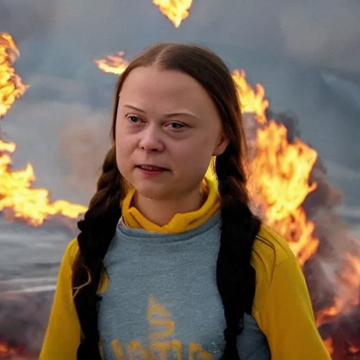 Prompt: Greta Thunberg becoming super Saiyan 4 over a flaming garbage and tire mountain 8k
