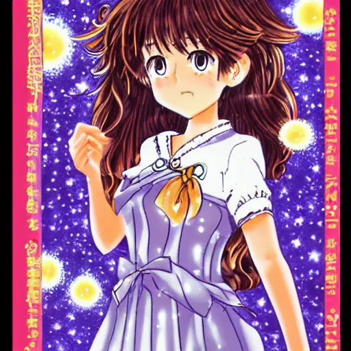 Prompt: a shoujo manga cover with a girl with big sparkly eyes and brown curly hair, in the style of naoko takeuchi ( 1 9 8 0 s )