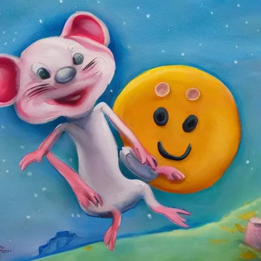 Prompt: two cheerful mice on a planet made of cheese, highly detailed painting