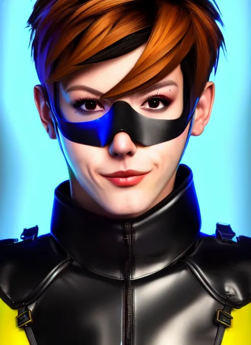 Prompt: hyperrealistic style portrait digital artwork of tracer overwatch, confident pose, wearing black iridescent rainbow latex, 4 k, expressive happy smug expression, makeup, in style of mark arian, wearing detailed black leather collar, wearing sleek armor, black leather harness, expressive detailed face and eyes,