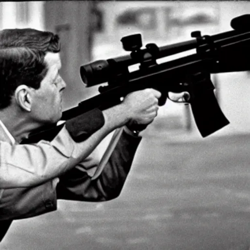 Image similar to John Kennedy holding a sniper and self aiming at the 1963 bombing, polaired