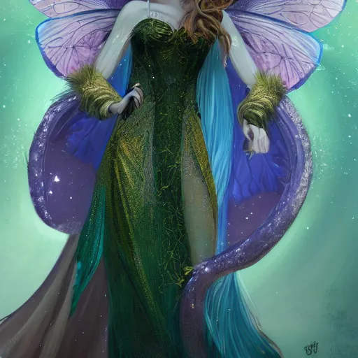 Image similar to detailed portrait of a fairy queen with wings wearing a silk robe and a cover for her face, crown, pixie, iris, realism, emerald, galaxy, sapphire,blonde hair going down to the floor, moonlit, dark fantasy, dramatic lighting, cgsociety, artstation