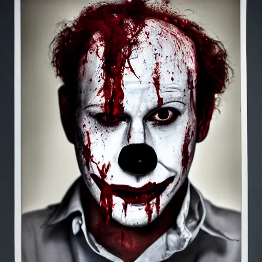 Image similar to medium shot of an expressionless clown with blood splattered on his face, muted tones, slightly out of focus, found footage, bland colors