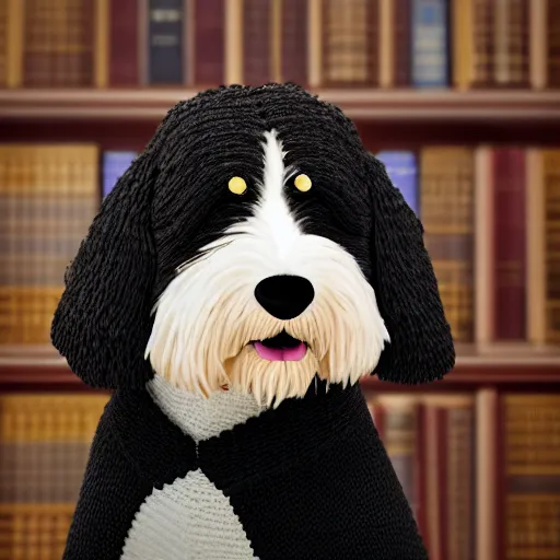 Image similar to a closeup photorealistic photograph of a cute smiling knitted bernedoodle judge dog dressed in a black gown, presiding over the courthouse. indoors, professional capture, well lit shot. this 4 k hd image is trending on artstation, featured on behance, well - rendered, extra crisp, features intricate detail, epic composition and the style of unreal engine.