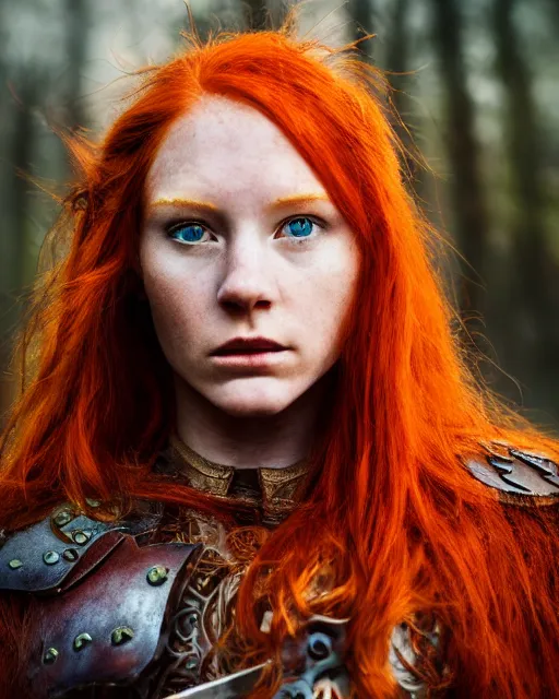 Image similar to north adult female warrior, red hair, ginger hair, long hair, fantasy, female Viking, high detailed, photography, cloudy, lightweight leather armour, Scandinavia, plain, detailed face, beautiful face, beautiful girl, look into the distance, professional model, glowing skin, serious face, full body,in full growth, professional photographer, masterpiece, 50 mm, 8k, 3D