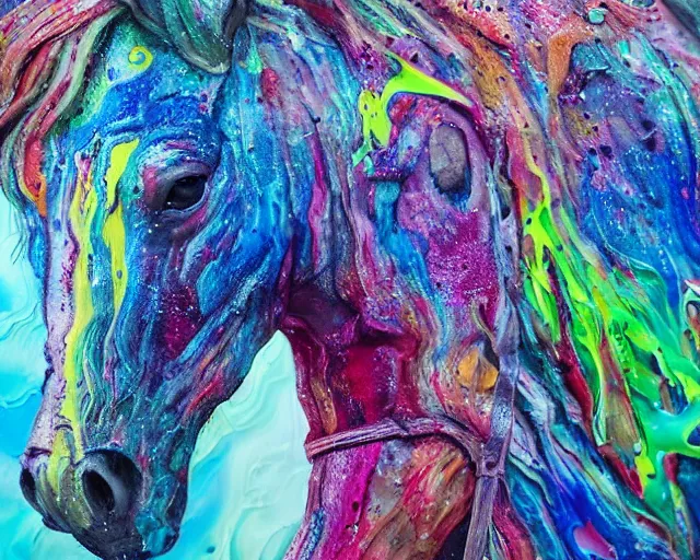 Image similar to still shot close up footage of the portrait of a horse head made of acrylic pour and coloured powder explosion and splashing paint and dripping paint and flying paint chunks, motion blur, hyperrealistic, medical, intricate art photography, anatomically correct, realistic crisp textures, 1 6 k