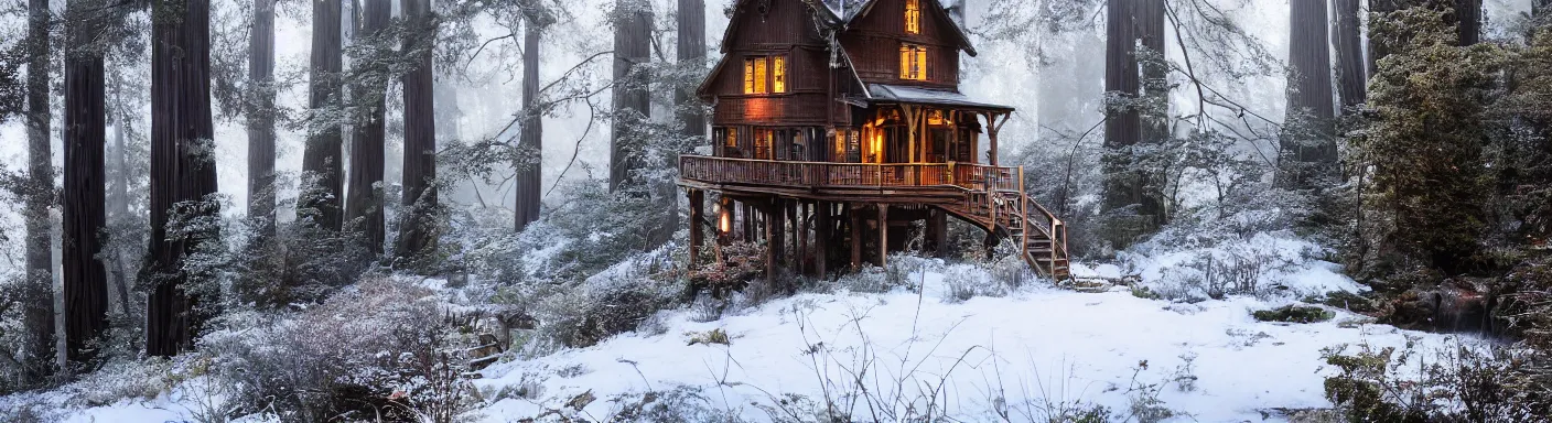 Prompt: a victorian treehouse on a cliff with redwoods, winter, snowing, low lying fog, a small waterfall, a stream, dappled sunshine, glowing lights are on in the house, cinematic lighting, photo realistic