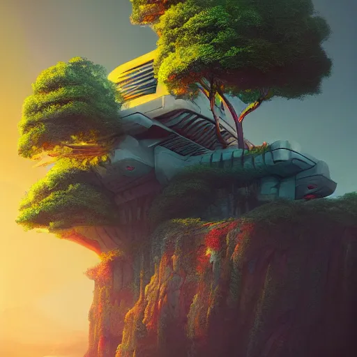 Image similar to futuristic temple on a cliff, big green trees, colorful clouds, dramatic lighting, artstation, matte painting, raphael lacoste, simon stalenhag, frank lloyd wright