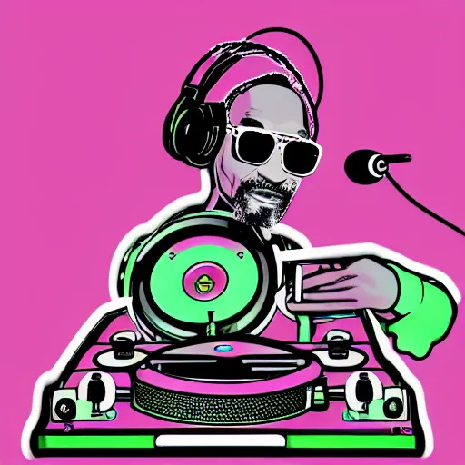 Image similar to svg sticker of a Dancing-Ben-Harper-Snoop-Spike-Lee-with-a-large-Afro-Puff, at a rave, spinning records, giant headphones rocking out, wearing headphones, huge speakers, dancing, rave, DJ, spinning records, digital art, amazing composition, rule-of-thirds, award-winning, trending on artstation, featured on deviantart