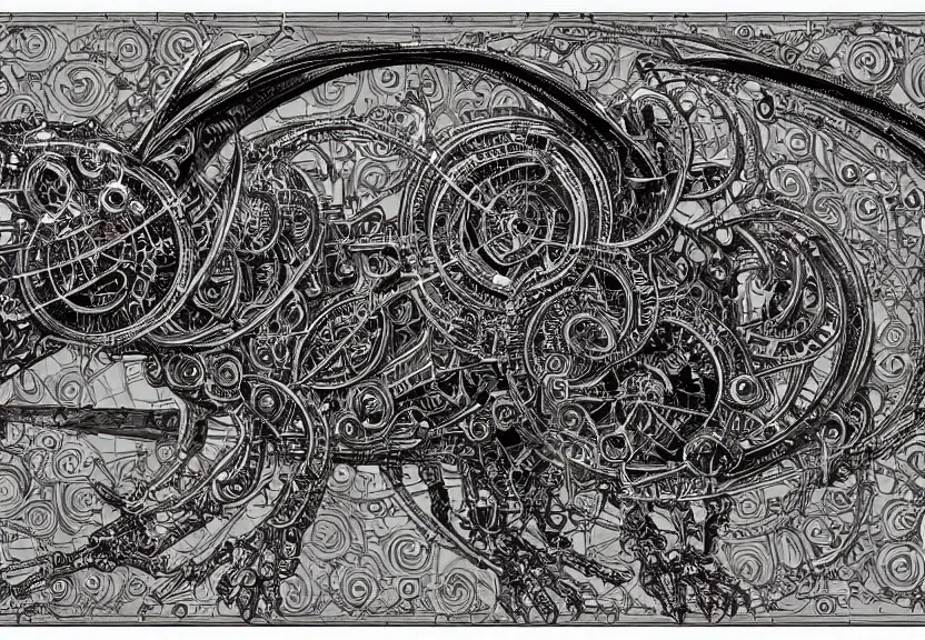 Image similar to small schematic blueprint of highly detailed ornate filigreed convoluted ornamented elaborate cybernetic rat, centered composition, wide angle, zoomed out, art by da vinci