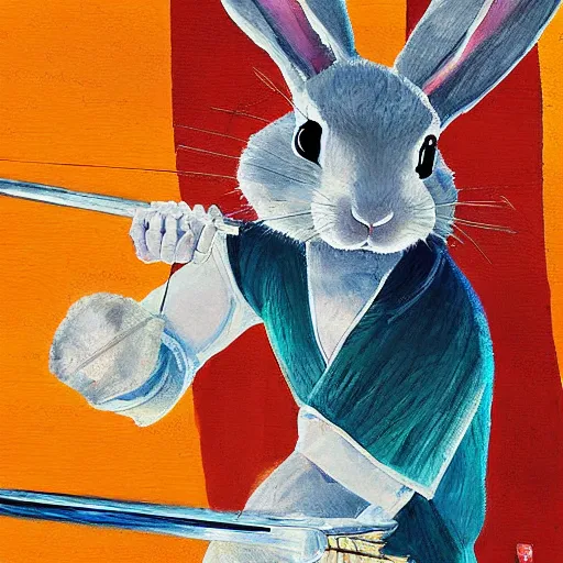 Image similar to rabbit swordsman, brush strokes, oil painting, kazuki takahashi
