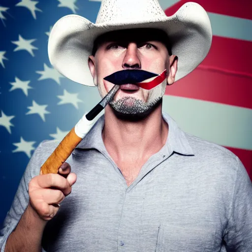 Prompt: bald man with goatee, middle of mustache removed, smoking a cigarette, wearing an american flag cowboy hat, hyper realistic