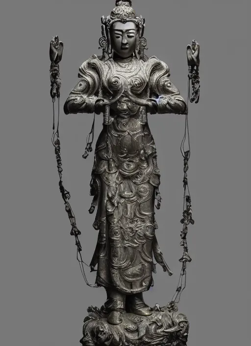 Image similar to a art deco sculpture statue of full body guanyin, intricate complexity,, statue by jane hamilton, ruan jia, character concept, radiant light,, frostbite 3 engine, cryengine, dof, trending on artstation, digital art, fantasy detailed abackground