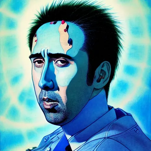 Image similar to prompt : blue nicolas cage illustration portrait soft light painted by james jean and katsuhiro otomo and erik jones, inspired by evangeleon anime, smooth face feature, intricate oil painting, high detail illustration, sharp high detail, manga and anime 1 9 9 9