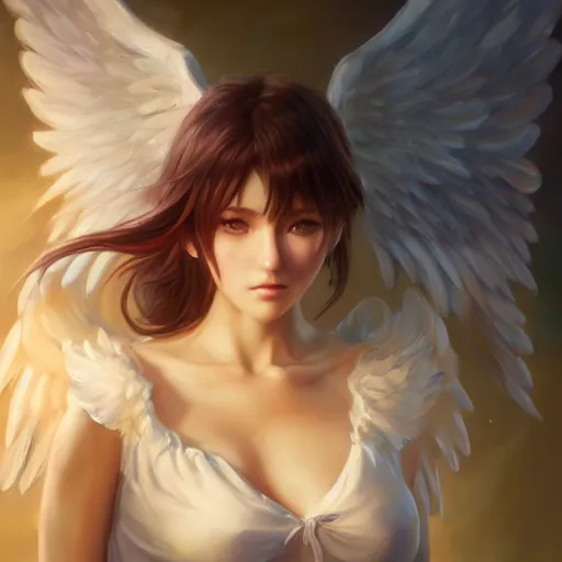 Image similar to an oil painting of a beautiful anime girl with angel wings, by artgerm, wlop and greg rutkowski, hd, hdr, ue 5, ue 6, unreal engine 5, cinematic 4 k wallpaper, 8 k, ultra detailed, high resolution, artstation, award winning