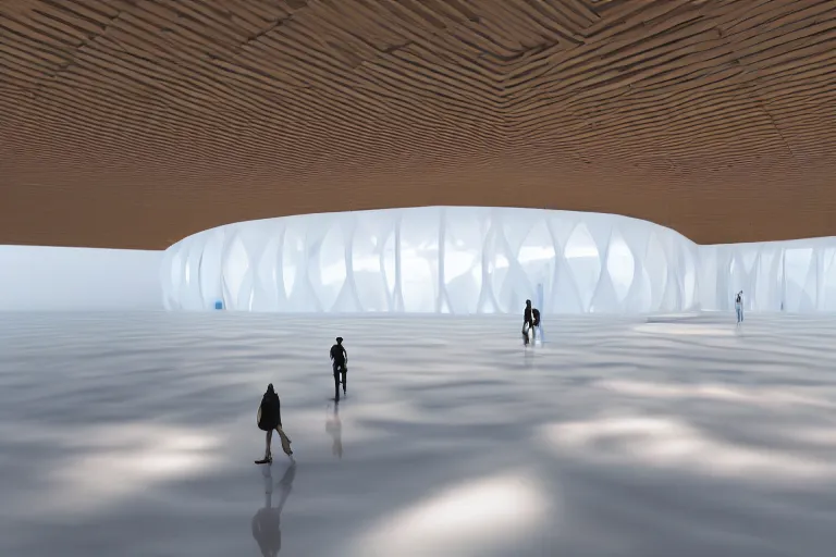 Image similar to a lot of white egg shaped spherical spaces are combined and intersected to form a skum white building. on the calm lake surface, people's perspective, future, interior wood, marble, award winning, highly detailed 4 k art, dusk, unreal engine highly rendered, global illumination, radial light, internal environment