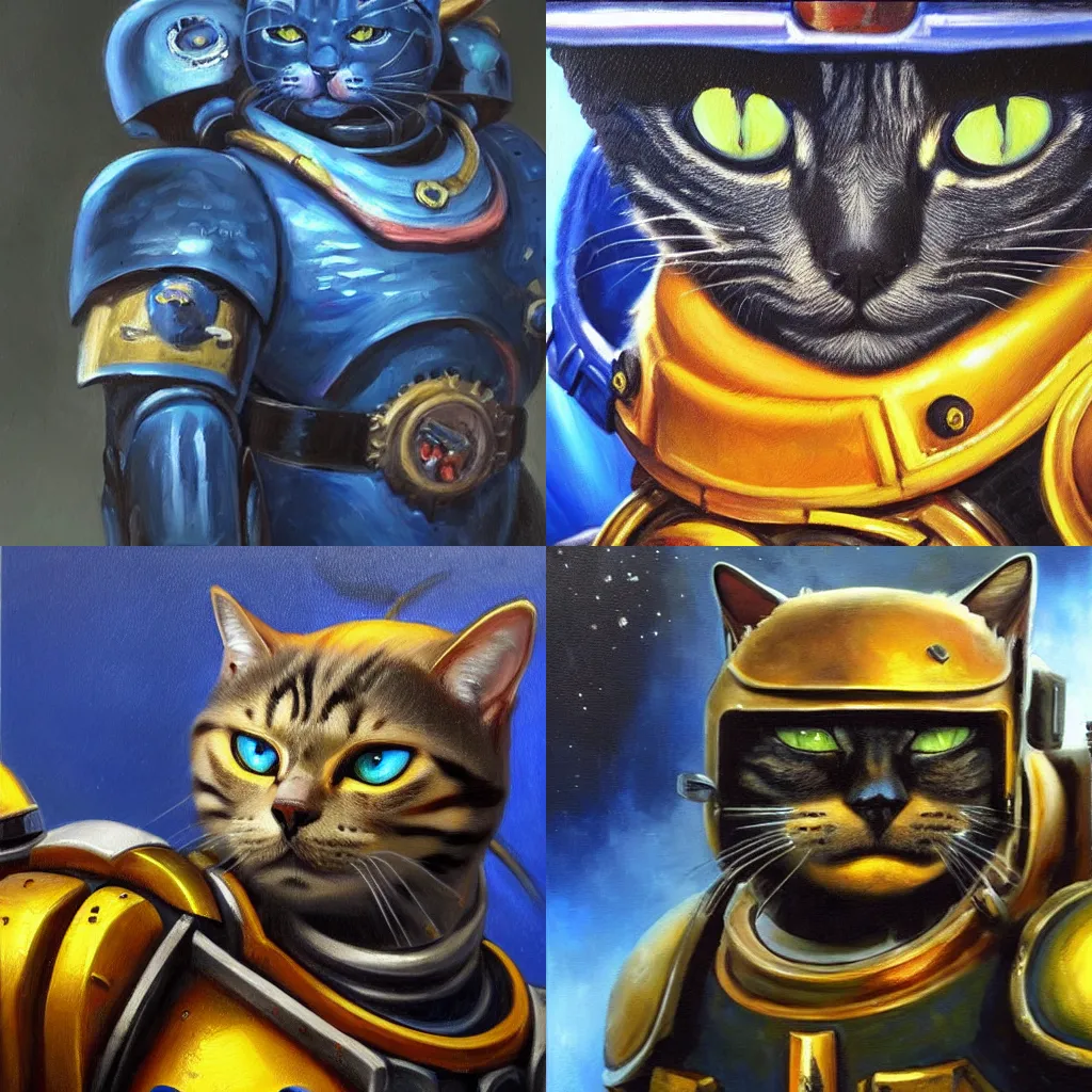 Prompt: an oil painting of a cat as an Space Marine from the Warhammer 40k, ultramarine cat,s parkly detailed cat eyes, glorious, cinematic, realistic lighting, masterpiece painting