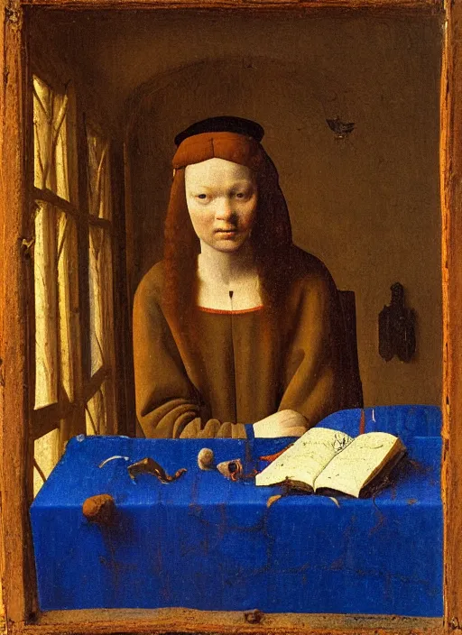 Prompt: bookchelf with curiosities, medieval painting by jan van eyck, johannes vermeer, florence