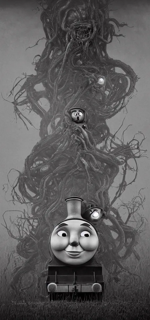 Image similar to thomas the tank engine in style of zdzisław beksinski, extremely dramatic lighting, 8 k, tendrils, black, darkness, black slime tendrils, infected, rust, body horror, thomas the train, thomas the tank engine face, horror,