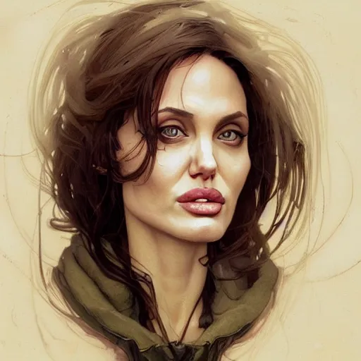 Image similar to portrait of angelina jolie by greg rutkowski, alphonse mucha and ayami kojima, refined, wearing a oversized jumper jumpsuit, scifi, highly detailed portrait, digital painting, artstation, concept art, smooth, sharp foccus ilustration, artstation hq