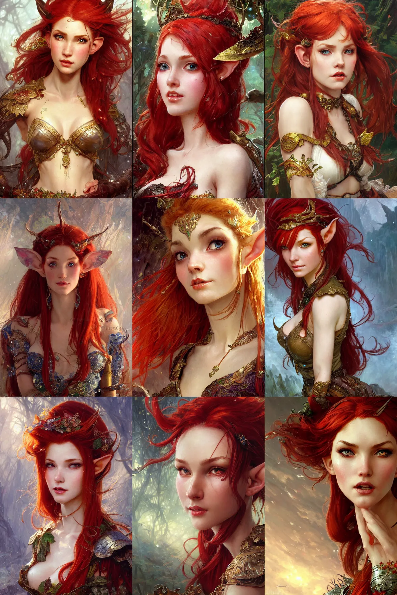 Image similar to alluring highly detailed close-up portrait of beautiful elf girl with red hair wearing a fantasy outfit, very detailed, realistic, by Stanley Artgerm Lau, greg rutkowski, thomas kindkade, alphonse mucha, loish, norman rockwell J.