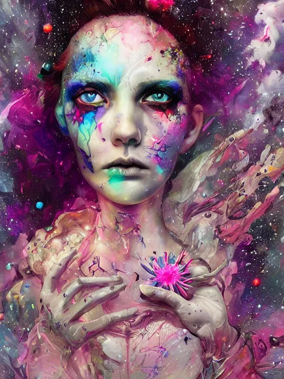 Image similar to art portrait of space decaying girl with purple eyes, with flower exploding out of head,8k,by tristan eaton,Stanley Artgermm,Tom Bagshaw,Greg Rutkowski,Carne Griffiths,trending on DeviantArt,face enhance,hyper detailed,minimalist,cybernetic, android, blade runner,full of colour