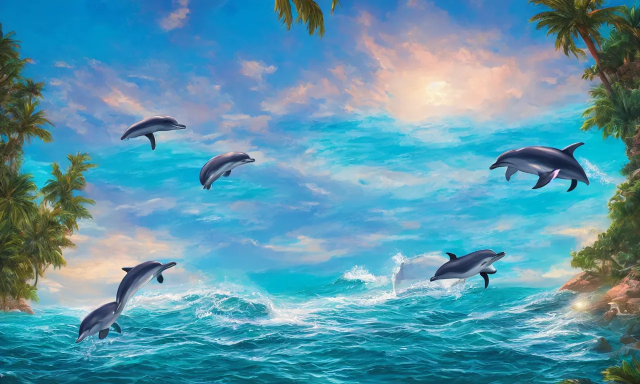 Prompt: dolphins jumping over the turquoise ocean, paradise, palm trees, trending on artstation, by Noah Bradley