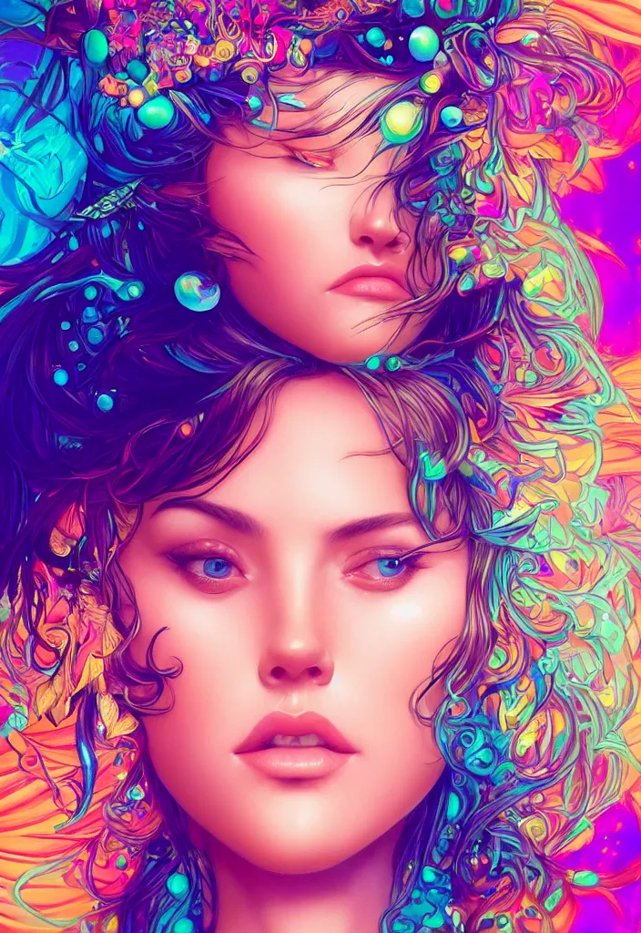 Image similar to beautiful, young woman, detailed gorgeous face, vaporwave aesthetic, synthwave, colorful, psychedelic, water droplets, feathers, crown, artstation, concept art, smooth, extremely sharp detail, finely tuned detail, ultra high definition, 8 k, unreal engine 5, ultra sharp focus, illustration, art by artgerm and greg rutkowski and alphonse mucha