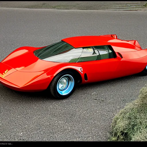 Prompt: retrofuturistic advanced ferrari sports car, detailed 1 9 7 0 s scifi art