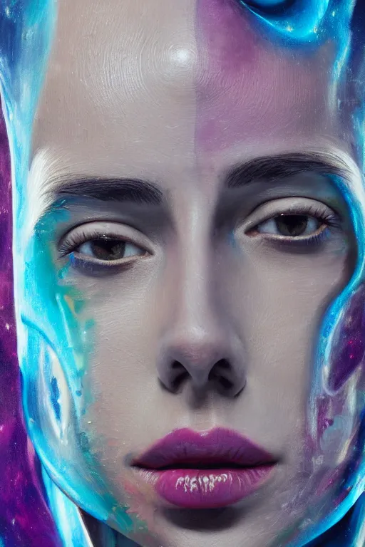 Image similar to hyperrealism oil painting, close - up portrait of face from a tangle of snakes fashion model, knight, street art gradient mixed with nebula sky, in style of baroque