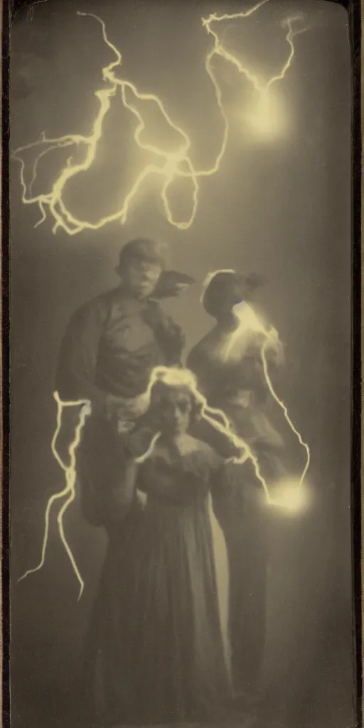 Image similar to spirit photography with glowing bulbous ectoplasm, scary shadow people, couple mourning, sleep paralysis demon, plasma lightning bolts, 1 9 0 0 s, slimer, summoning tall horned demon, mourning family, invoke fear and dread, old photograph, daguerreotype