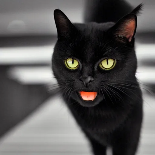Image similar to a beautiful photo of a black cat posing on a catwalk