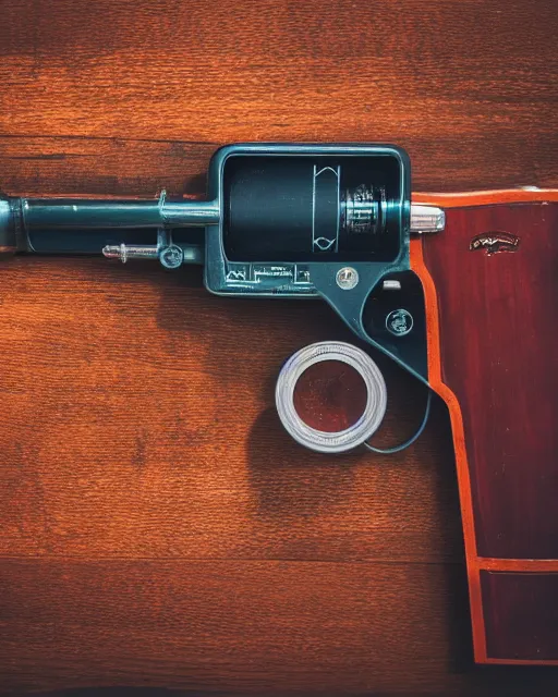 Image similar to high quality presentation photo of a very detailed retro model ray gun, photography 4k, f1.8 anamorphic, bokeh, 4k, Canon, Nikon