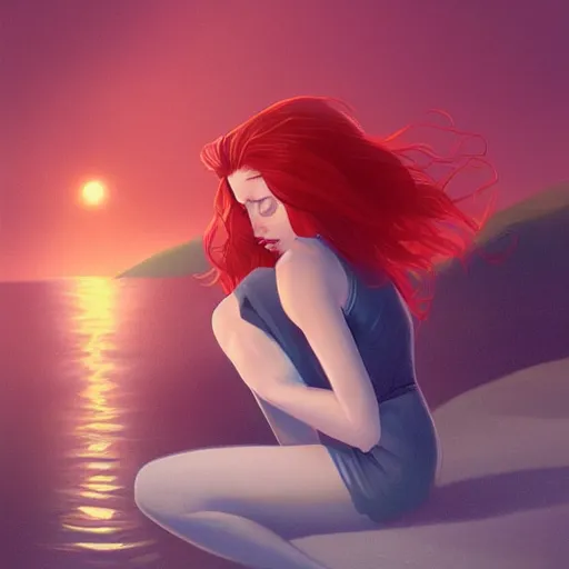 Prompt: a beautiful comic book illustration of a woman with long red hair sitting near a lake at night by daniela uhlig, featured on artstation