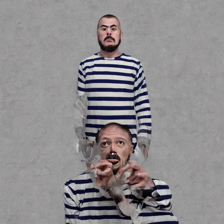 Image similar to bottle headed man wearing striped prison clothing, jail mugshot